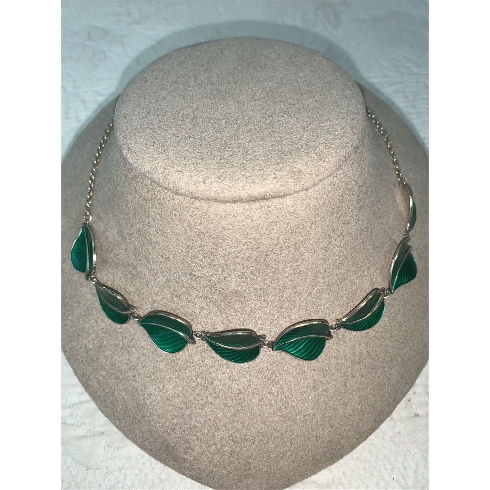 David Andersen Norway Sterling Green Enameled Leaves Necklace Beautiful 17"